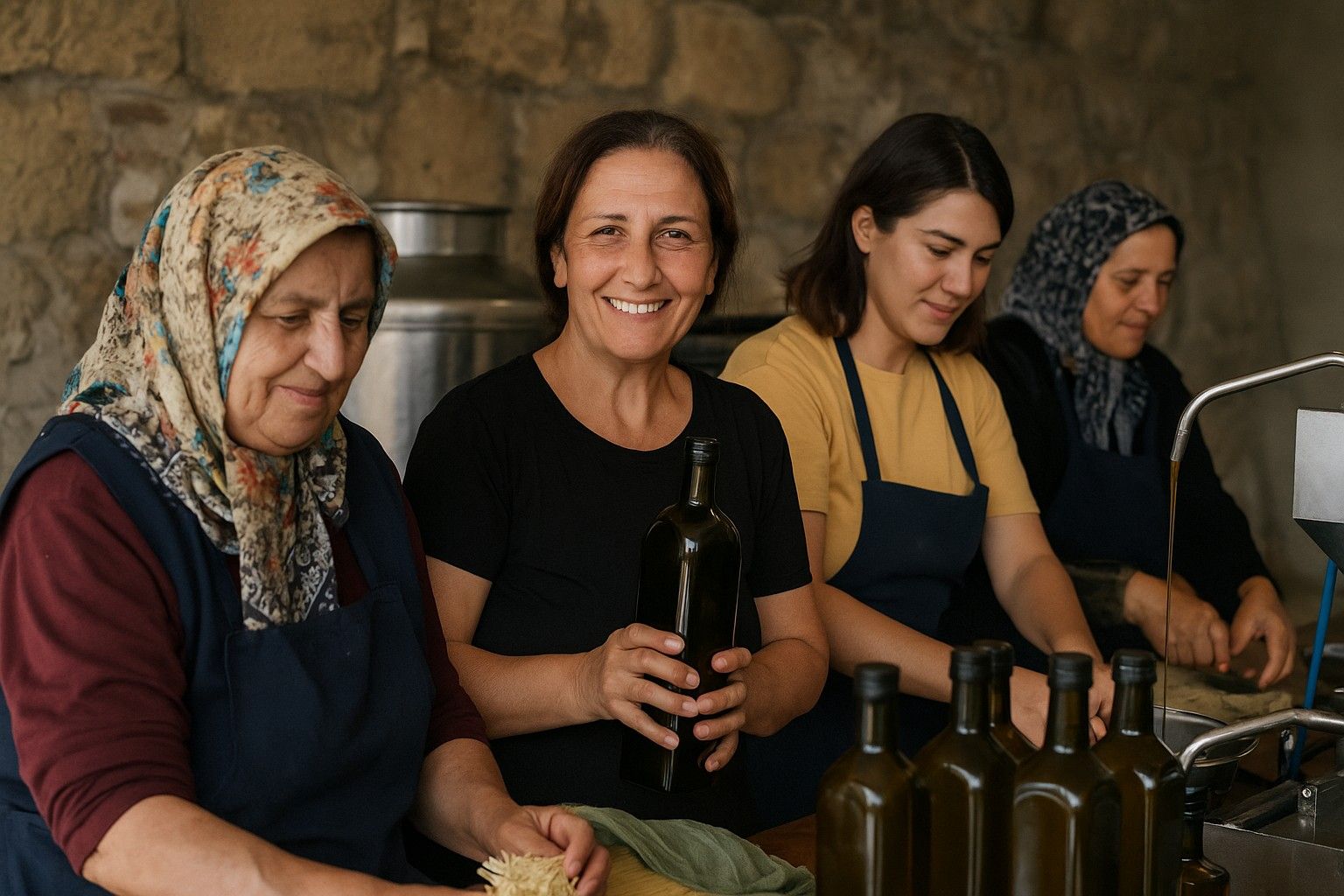 Women bottling olive oil together at Zeytinkadın Kooperatifi, Hatay