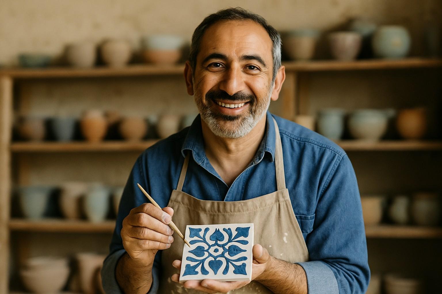 Hand-painting traditional ceramic tiles at Noor el-Fan studio, Damascus
