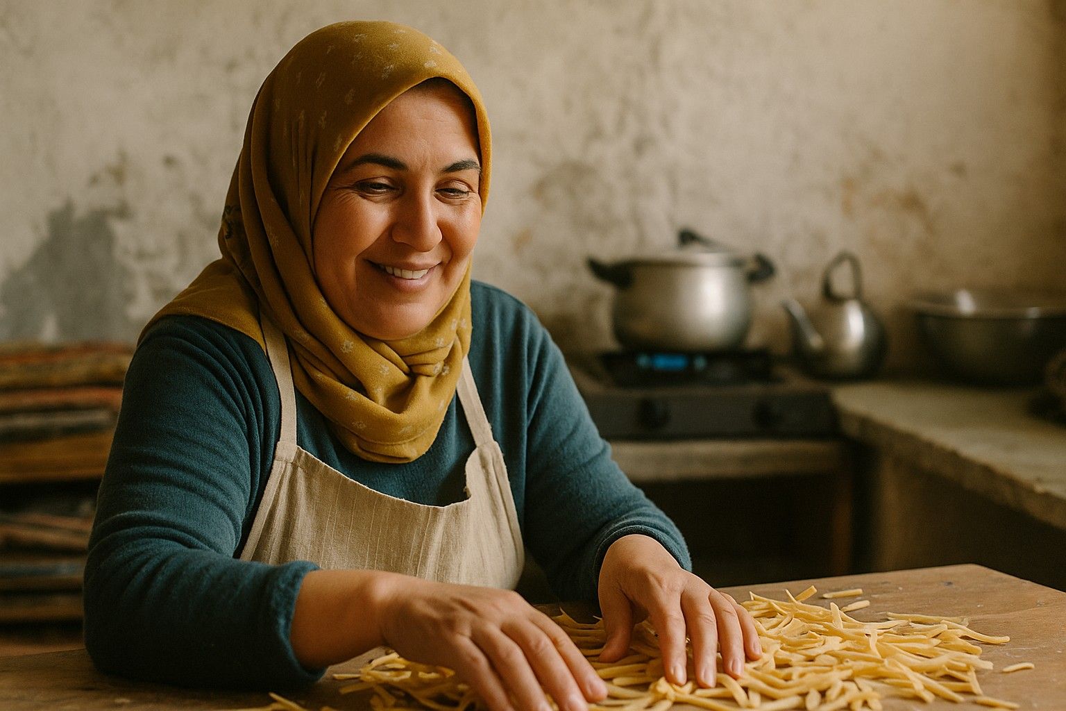 Making erişte egg noodles by hand in a home kitchen in Malatya