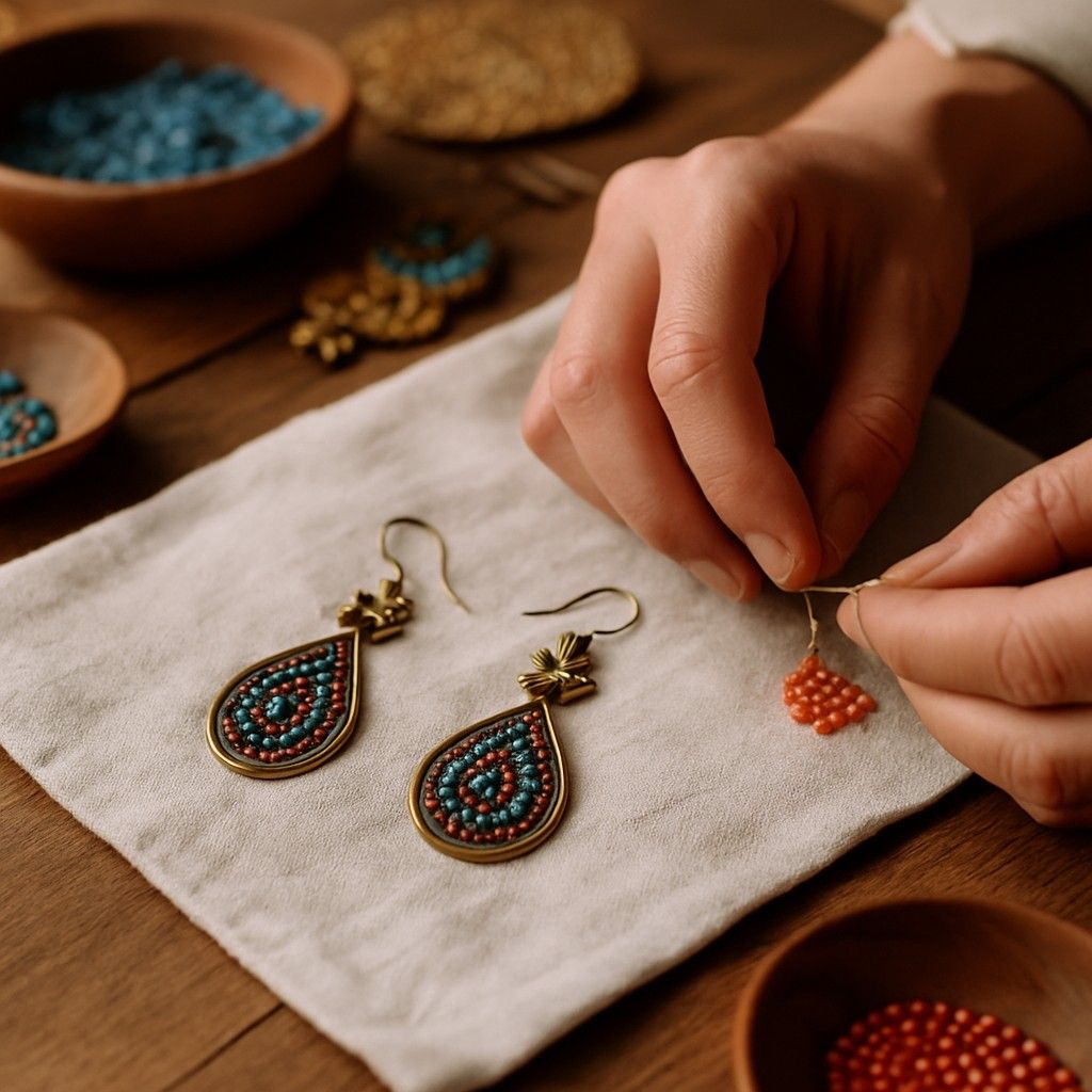 Handmade earrings with beads and brass on artisan’s table