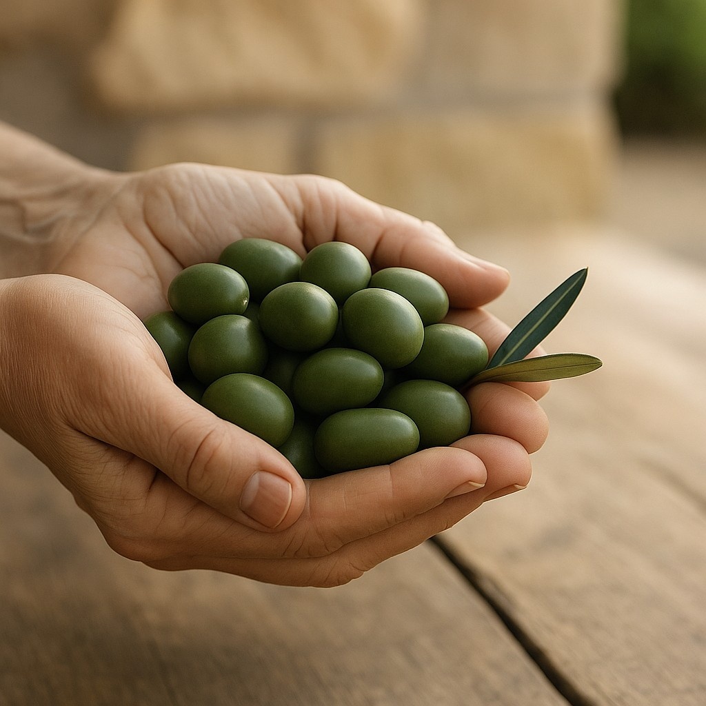 Hands holding freshly harvested green olives for Anka Pantry products