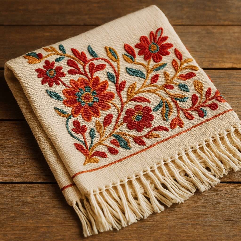 Colorful embroidered textile on table from Antakya, Türkiye