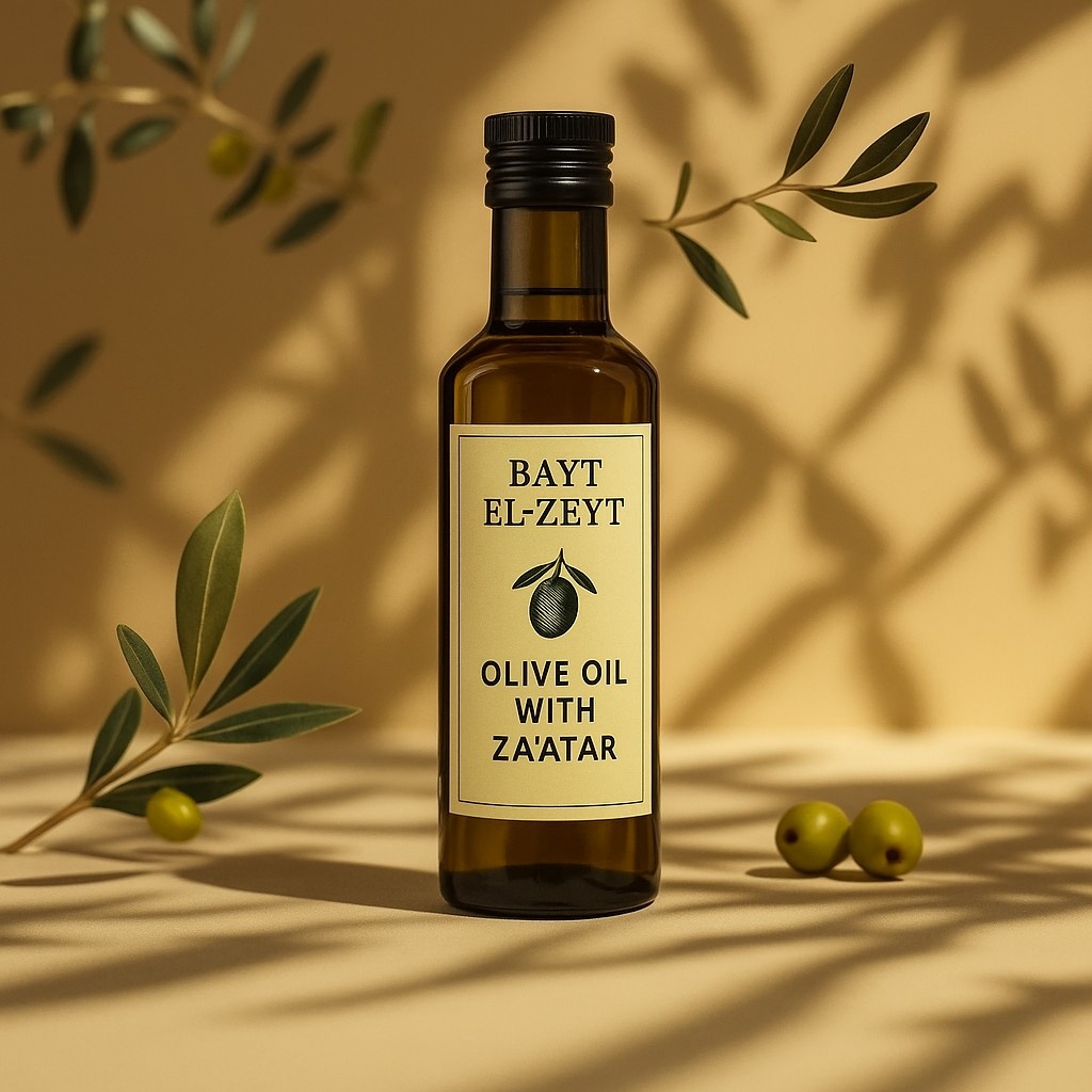 Olive oil bottle infused with za’atar and garlic from Idlib, Syria