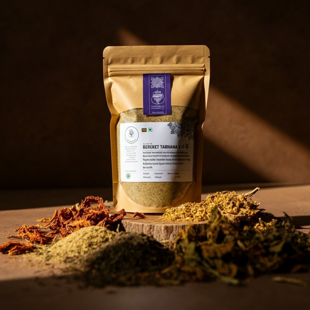 Fermented tarhana soup mix in kraft pouch with herbs