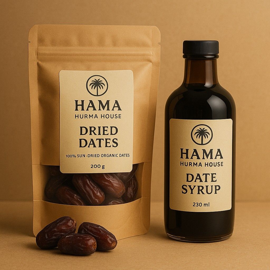 Pouch of dried dates and bottle of date syrup from Hama, Syria