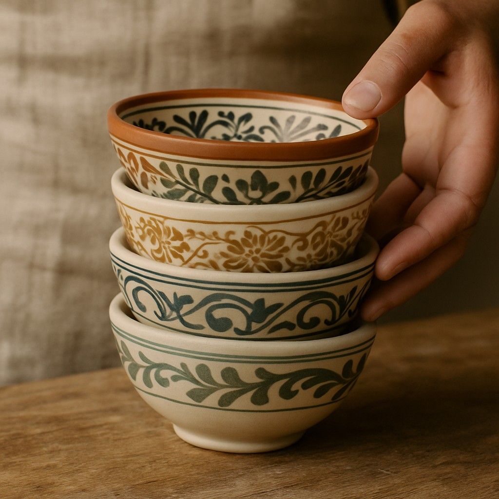 Stack of hand-painted red clay bowls with Anatolian patterns