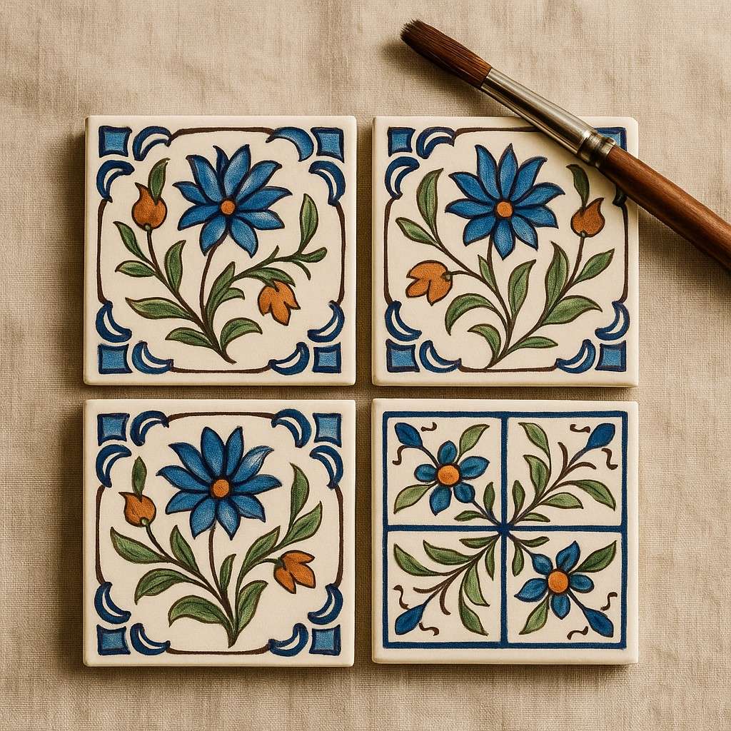 Set of hand-painted ceramic tiles with Damascene designs
