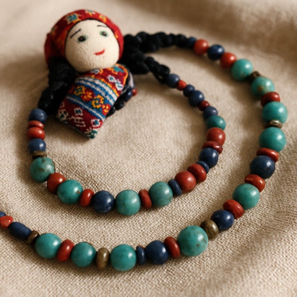 Beaded necklace and handmade doll crafted in refugee camp